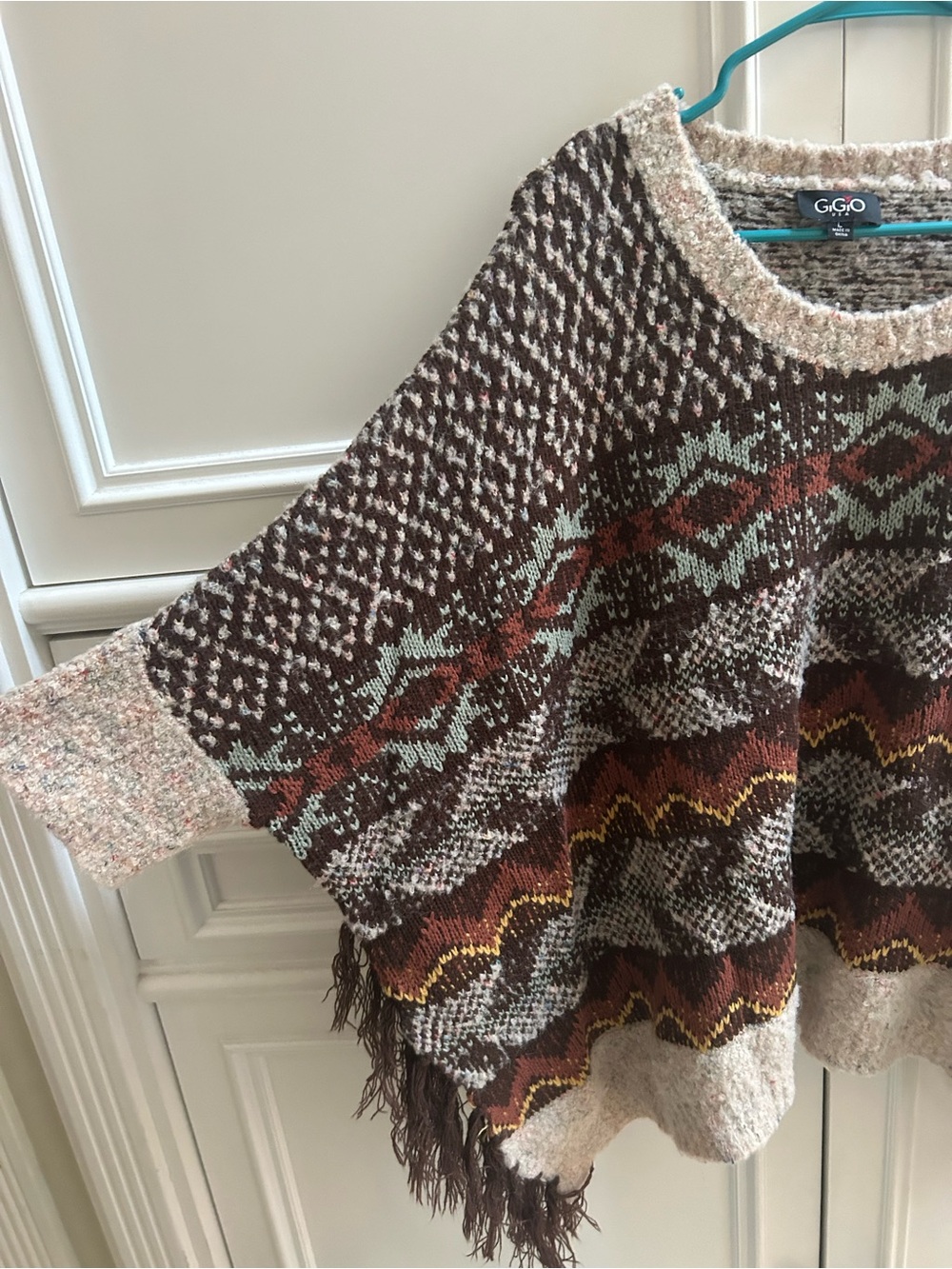 Three Bird Nest Textured Multicolor Fringe Sweater Poncho - Brown - Picture 4 of 4